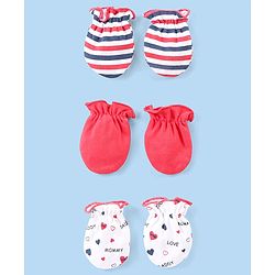 Babyhug Interlock Knit Striped & Solid Mittens Pack of 3 - Pink & White