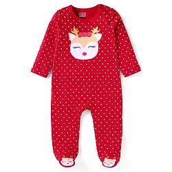 Babyhug Cotton Knit Full Sleeves Sleep Suit With Polka Dots & Deer Print - Red