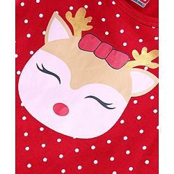 Babyhug Cotton Knit Full Sleeves Sleep Suit With Polka Dots & Deer Print - Red