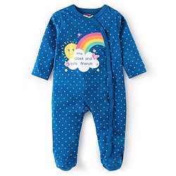 Babyhug Cotton Knit Full Sleeves Sleep Suit With Polka Dots & Text Print - Blue