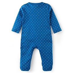 Babyhug Cotton Knit Full Sleeves Sleep Suit With Polka Dots & Text Print - Blue