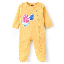Babyhug Cotton Knit Full Sleeves Sleep Suit With Polka Dots Print & Floral Applique - Mustard