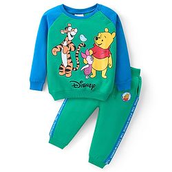 Babyhug Disney Raglan Sleeves T-Shirt & Lounge Pants Set With Winnie The Pooh Graphics - Green & Blue