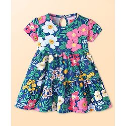 Babyhug Single Jersey Knit Half Sleeves Frock with Floral Print & Bow Applique - Royal Blue