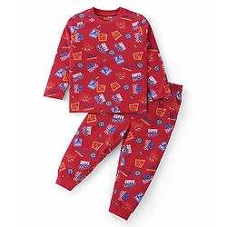 Babyhug Cotton Knit Full Sleeves Night Suit With Text Print - Red