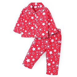 Babyhug Cotton Woven Full Sleeves Front Open Collared Night Suit Star Print - Red
