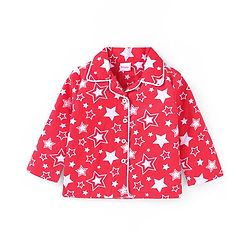 Babyhug Cotton Woven Full Sleeves Front Open Collared Night Suit Star Print - Red