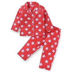 Babyhug Cotton Woven Full Sleeves Star Printed Night Suit - Red