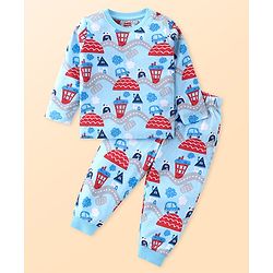 Babyhug Cotton Knit Full Sleeves Night Suit Set with Vehicle Print - Light Blue