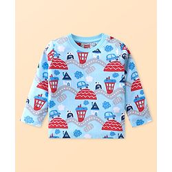 Babyhug Cotton Knit Full Sleeves Night Suit Set with Vehicle Print - Light Blue