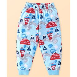 Babyhug Cotton Knit Full Sleeves Night Suit Set with Vehicle Print - Light Blue