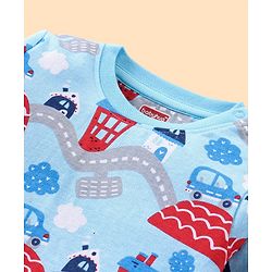 Babyhug Cotton Knit Full Sleeves Night Suit Set with Vehicle Print - Light Blue
