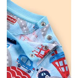 Babyhug Cotton Knit Full Sleeves Night Suit Set with Vehicle Print - Light Blue