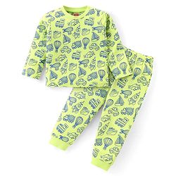 Babyhug Cotton Knit  Full Sleeves Night Suit Vehicles Print - Light Green