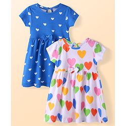 Babyhug Single Jersey Knit Half Sleeves Hearts Printed Frocks Pack Of 2 - Blue & White