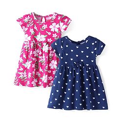 Babyhug Single Jersey Knit Half Sleeves Frocks With Hearts & Floral Print Pack Of 2 - Navy & Pink