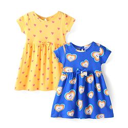 Babyhug Single Jersey Knit Half Sleeves Frocks With Hearts Print & Bow Applique Pack Of 2 - Blue & Yellow