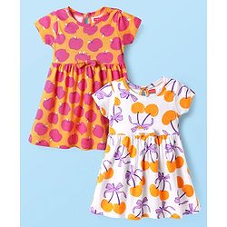 Babyhug Single Jersey Knit Half Sleeves Frocks With Fruit Print & Bow Applique Pack of 2 - Orange & White