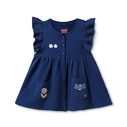 Babyhug Single Jersey Knit Frill Sleeves Frock with Floral & Bee Embroidery - Navy Blue