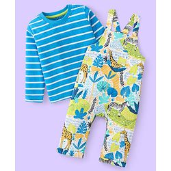 Babyhug Single Jersey Knit Full Sleeves Striped T-Shirt & Full Length Dungaree Set with Zebra Print -Blue & White
