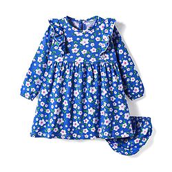 Babyhug Single Jersey Knit Full Sleeves Floral Printed Frock With Bloomer - Blue