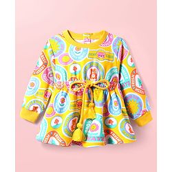 Babyhug Cotton Knit Full Sleeves Winter Frock With Animal & Floral Print - Mustard
