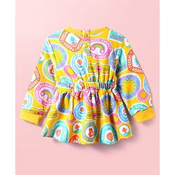 Babyhug Cotton Knit Full Sleeves Winter Frock With Animal & Floral Print - Mustard