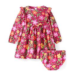 Babyhug Single Jersey Knit Full Sleeves Frill Detailing Frock with Bloomer Floral Print - Maroon