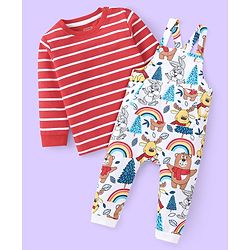 Babyhug Single Jersey Knit Full Sleeves Striped T-Shirt & Full Length Dungaree Set with Animals Print -Red & White