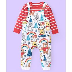 Babyhug Single Jersey Knit Full Sleeves Striped T-Shirt & Full Length Dungaree Set with Animals Print -Red & White
