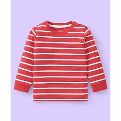 Babyhug Single Jersey Knit Full Sleeves Striped T-Shirt & Full Length Dungaree Set with Animals Print -Red & White