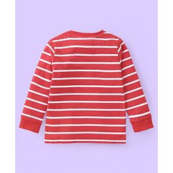 Babyhug Single Jersey Knit Full Sleeves Striped T-Shirt & Full Length Dungaree Set with Animals Print -Red & White