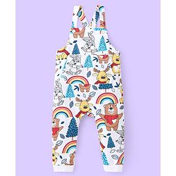 Babyhug Single Jersey Knit Full Sleeves Striped T-Shirt & Full Length Dungaree Set with Animals Print -Red & White