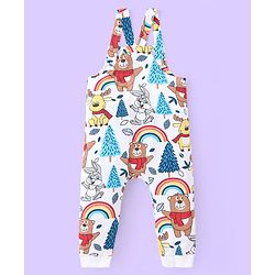 Babyhug Single Jersey Knit Full Sleeves Striped T-Shirt & Full Length Dungaree Set with Animals Print -Red & White