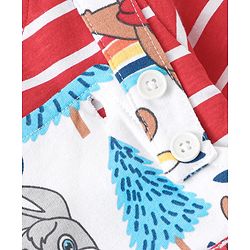 Babyhug Single Jersey Knit Full Sleeves Striped T-Shirt & Full Length Dungaree Set with Animals Print -Red & White