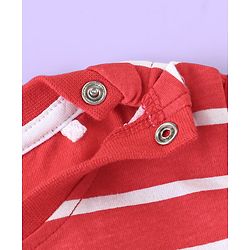 Babyhug Single Jersey Knit Full Sleeves Striped T-Shirt & Full Length Dungaree Set with Animals Print -Red & White