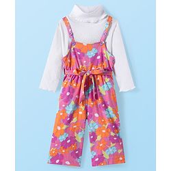 Babyhug Cotton Knit Floral Printed Jumpsuit With Full Sleeves T-Shirt - White & Lilac