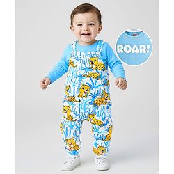 Babyhug Single Jersey Knit Dungaree and Full Sleeves T-Shirt Set with Cub Print - White & Sky Blue