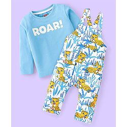 Babyhug Single Jersey Knit Dungaree and Full Sleeves T-Shirt Set with Cub Print - White & Sky Blue