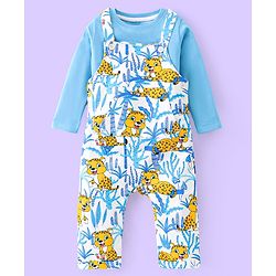 Babyhug Single Jersey Knit Dungaree and Full Sleeves T-Shirt Set with Cub Print - White & Sky Blue