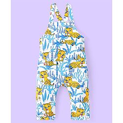 Babyhug Single Jersey Knit Dungaree and Full Sleeves T-Shirt Set with Cub Print - White & Sky Blue