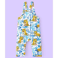 Babyhug Single Jersey Knit Dungaree and Full Sleeves T-Shirt Set with Cub Print - White & Sky Blue