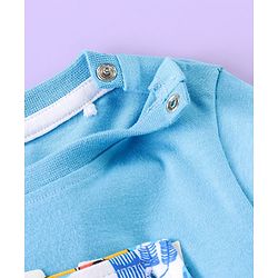 Babyhug Single Jersey Knit Dungaree and Full Sleeves T-Shirt Set with Cub Print - White & Sky Blue
