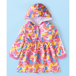 Babyhug Cotton Knit Full Sleeves Hooded Winter Frock with Abstract Print - Pink