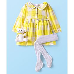 Babyhug Cotton Knit Full Sleeves Checkered Peter Pan Collared Frock with Leggings & Teddy Sling  - Yellow