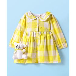 Babyhug Cotton Knit Full Sleeves Checkered Peter Pan Collared Frock with Leggings & Teddy Sling  - Yellow