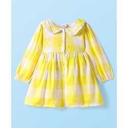 Babyhug Cotton Knit Full Sleeves Checkered Peter Pan Collared Frock with Leggings & Teddy Sling  - Yellow