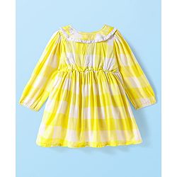 Babyhug Cotton Knit Full Sleeves Checkered Peter Pan Collared Frock with Leggings & Teddy Sling  - Yellow