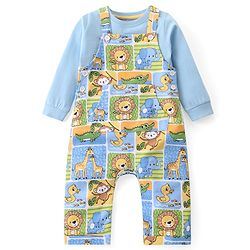Babyhug Single Jersey Knit Dungaree and Full Sleeves T-Shirt Set Wild Animal Print - Blue