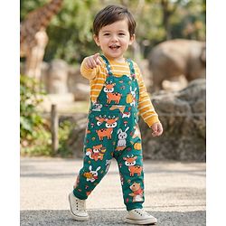 Babyhug Single Jersey Knit Full Sleeves Striped T-Shirt & Dungaree with Animal Print - Yellow & Green